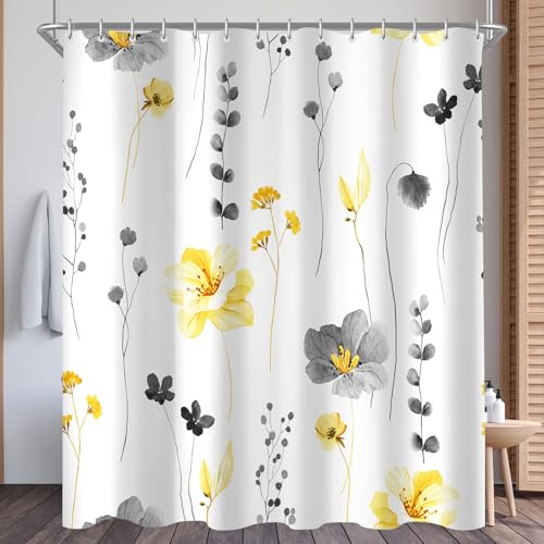 Lerores Rideau de douche 180 x 160 cm, motif fleurs jaunes et grises, ourlet lesté, anti-moisissure, imperméable, lavable, en polyester, avec 12 œillets et anneaux de rideau de douche, pour salle de