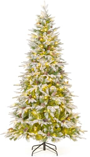 COSTWAY 190 cm Künstlicher Weihnachtsbaum mit Beleuchtung und Schnee, Tannenbaum mit 280 warmweißen LED-Lichtern & 62 Tannenzapfen, Christbaum mit Scharnierstruktur, Kunstbaum Weihnachten für Zuhause