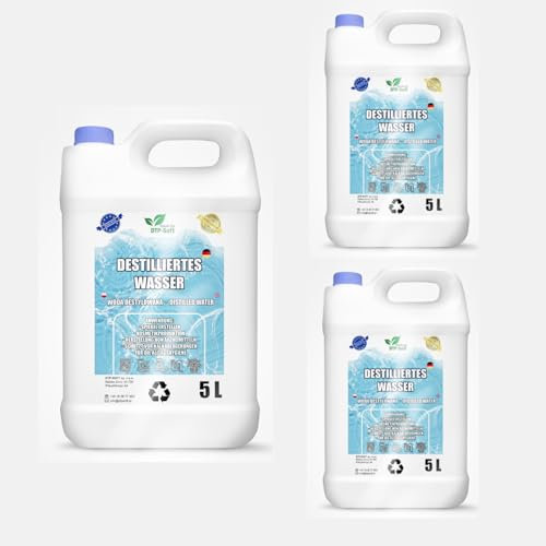 15 Liter destilliertes Wasser 100% reines | Demineralisiertes Wasser 3x5L - destilliertes Wasser geeignet für Bügeleisen, Luftbefeuchter, Batterien und vieles mehr