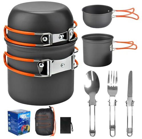 SilverChry Portatile Pentole Set, Pentola da Campeggio per Fuoco, Fornello da Campeggio per 1-2 Persone, Utensili da Cucina da Campeggio, per Campeggio, Cucina All'Aperto, l'Escursionismo, Viaggi