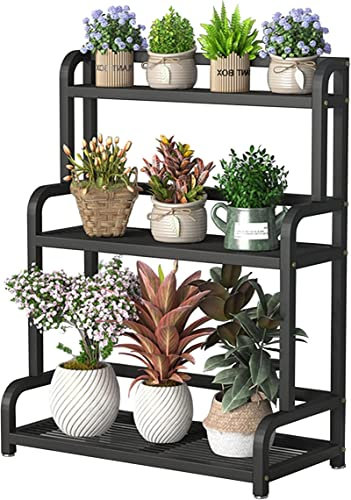 JUYYTUK 3-stöckiger Metall-Pflanzenständer, Leiterregal, Blumentopfhalter, für den Innen- und Außenbereich, für Garten, Balkon, Wohnzimmer, schwarze Ständer