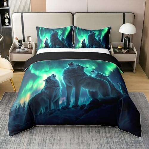 Howling Wolf 100% Baumwolle Tröster Bezug 155x220,Türkis Ombre Aurora Bettwäsche Set,Wölfe Wildlife Safari Tier Bettbezug,Natürliche Landschaft Bettbezug Weich Atmungsaktiv,Reversible
