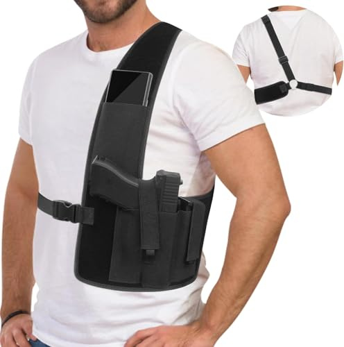 ZONSUSE Holster Epaule,Vertical Épaule Holster,Etui à Pistolet Dissimulé, Sangle Réglable avec Deux Poches pour Magazines pour Pistolet Airsoft Police Entraînement Autodéfense Chasse (Type A)