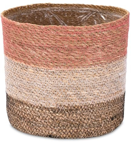 Decorasian Seegras Übertopf – Blumentopf geflochten – dekorativer Planzenkorb mit Folieneinsatz im Boho Stil – Pink-Weiß-Schwarz - 25cm