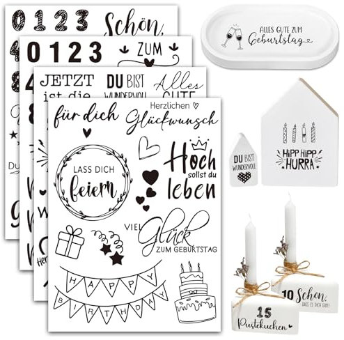BOOMTOP 4 Blatt Rub On Sticker Geburtstag Transferaufkleber Selbstklebend Alles Gute zum Geburtstag Aufkleber Rub On Folie Deutsche Sprüche Rub Ons Zahlen DIY Handwerk für Glas Holz Keramik Acryl
