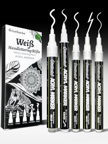 5er-Set Weiß Acrylmarker, Acrylstift Wasserfest Stark Deckendes Acryl Farben zum Malen auf Leinwand Malpapier Holz Steine Bullet Journal, Handlettering-Stifte mit Brush Pen Fineliner Kalligrafie Stift