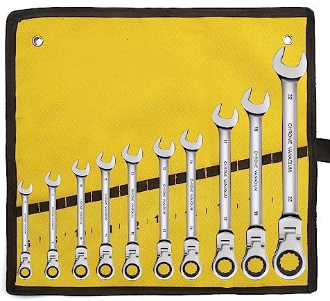 Llaves Fijas Con Carraca Juego de llaves de trinquete de cabeza flexible, llaves de trinquete de acero al cromo vanadio, juego de llaves combinadas con bolsa de lona Llave Carraca(10 pcs(6-22mm) Y)