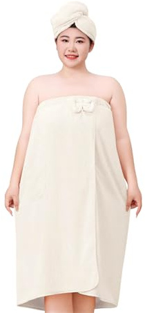 Moonlove Women Plus Size Wrap Towel & Hair Drying Cap Set Wearable Spa Shower Bathrobe Strapless Cover Up Bathing Robe Water Absorbent Body Towel Dressing Gown Suitable for 175-240lb