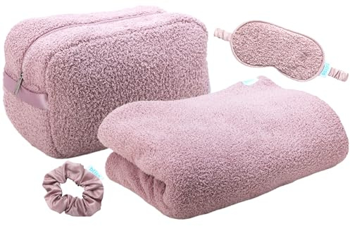 Bliss Womens Travel Blanket Set - 4 Piece Plush Microfiber Packable Travel Blanket with Relaxing Sleep Mask, Carry On Case, and Satin Hair Tie, Pink Gaze