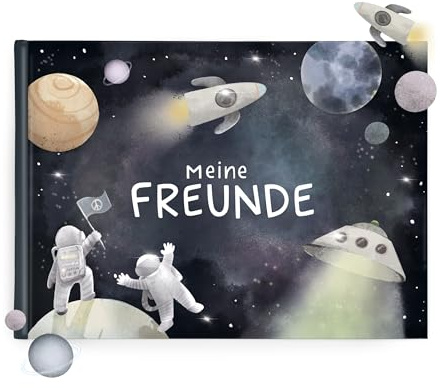 mintkind Freundebuch für Jungen – Schulfreundebuch Weltraum Dunkel mit Hardcover, kreativen Fragen & Extras – 30 Freunde – Geschenk zur Einschulung