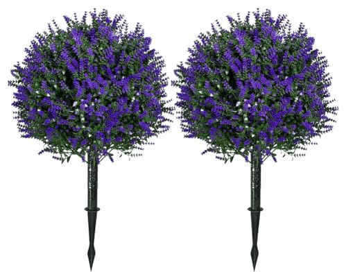 JOYWU Set of 2 Artificial Boxwood Topiary Ball Trees with Red Flowers for Outdoor with Ground Spike 70, UV Resistant Faux Greenery Shrubs Bushes, Fake Plants for Garden, Yard, Porch, Patio Decor (D)