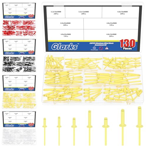 Glarks 130pcs 7 tailles rivets aveugles en aluminium jaune, rivet en acier en aluminium à poignée Pop, Kit d'assortiment de rivets Pop, Grands rivets à bride pour le métal, Meubles, Automobile