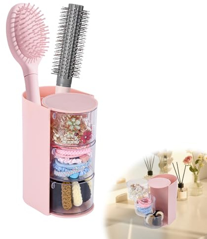 Pink Hair Accessory Organizer, 3-Layer Clear Hair Accessories Organizer Rotatable Small Jewelry Box for Clip Earring Necklaces, The Latest Gift for A Girl.
