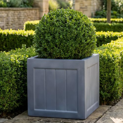 IDEALIST Plant Pots 37cm Square Planter Grey Reinforced Stone Plant Pot 39L | 1 Pack, L37 W37 H36 cm, Medium Size, Faux Lead, Frostproof, Drainage Holes, Lightweight