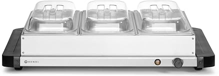 HENDI Chauffe-plats électrique pour buffet, réchauffeur d'aliments avec 3 bacs GN 1/3 avec couvercle, 40-75 °C, 400 W, démontable comme plaque chauffante, 657x381x(H)161 mm, inox
