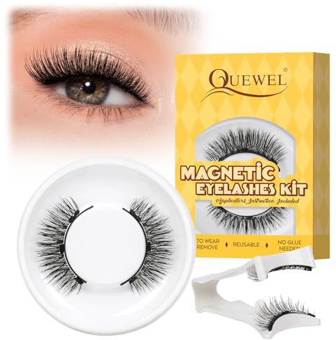 QUEWEL Magnetic-Eyelashes with Applicator, 1 Pair Reusable Magnetic-Lashes Natural Look, No Glue Needed False Eyelashes Kit, Easy to Wear and Remove (DT-Magnetics Eyelash Kit-A)