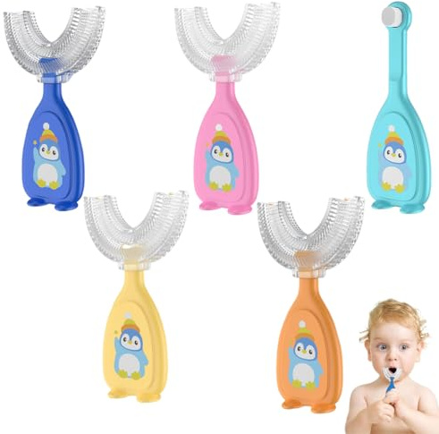 OUDQFCJ Lot de 5 Brosse à Dent Enfant en Forme de U, Tête Souple en Silicone, Soin Buccal 360°, Massage des Gencives, Nettoyage Complet (2-6 Ans)