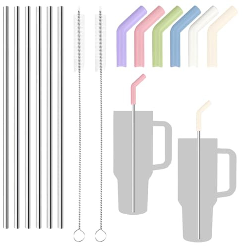 6 Piezas Pajitas De Acero Inoxidable con Punta De ExtensióN De Silicona, 30cm Pajitas Reutilizables con 2 cepillos, Para Fiestas, Batidos, Burbujas, Té, Café, CóCtel, Leche, Zumo De Yogur, Recto