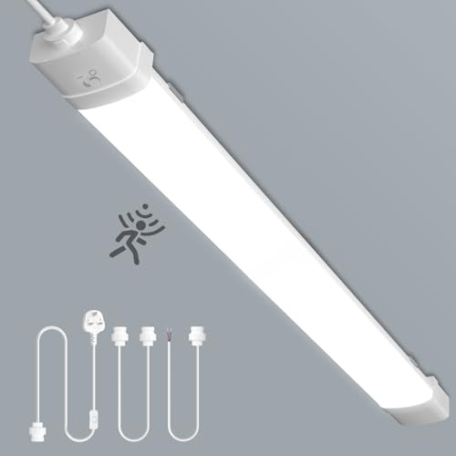 Viugreum 115cm LED Feuchtraumleuchte mit Bewegungsmelder, 40W Leuchtstoffröhre 6500K Kaltweiß Leuchtstofflampe, Deckenlampe mit Bewegungsmelder, LED Röhre für Keller, Werkstatt, Garage, Küche