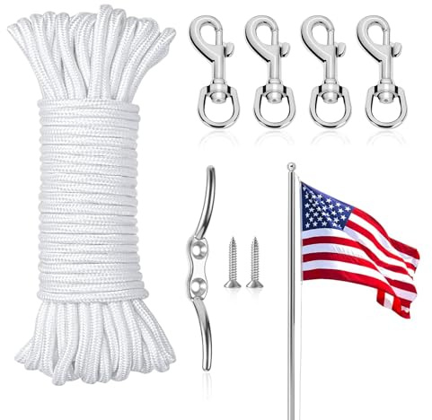 Jinzhenhong 102ft Polyester Flag Pole Rope Kit, Flag Pole Rope Replacement Kit with 4Pcs Zinc Alloy Swivel Snap Hooks & Stainless Steel Cleat, Versatile Flagpole Accessories for Outdoor Use