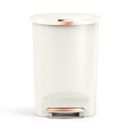 simplehuman Semi-Round Pedal Bin, 50L Kitchen Bin, Studio Edition, Pet-Proof Slide Lock, 150,000-Step Pedal, Lid Shox® Silent Close, Cream Plastic