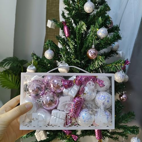 Juego de 32 bolas de Navidad rosas y blancas, 5 estilos, adornos de Navidad inastillables de 4 cm en caja de regalo, decoración colgante de árbol de Navidad festiva