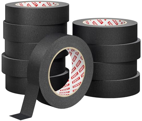SWRT Lot de 10 rouleaux de ruban de masquage noir moyen de 2,5 cm de large pour marquage, peinture, artisanat et utilisation en atelier, facile à déchirer, à enlever, à nettoyer, 2,5 cm x 49,7 m (500