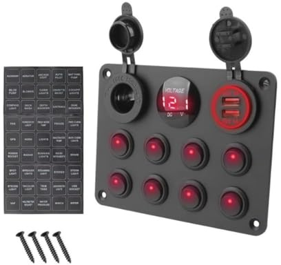 Voyoo 12 V/24 V 8 velocidades Panel de interruptores - Luz Roja IP65 resistente al agua, cargador USB dual 4,2 A, conector para mechero, voltímetro digital para vehículos marinos