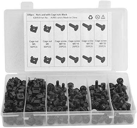 Juego de tuercas y tornillos de acero al carbono M5 para jaula, sujetadores para montaje en rack con diseño de bloqueo de orificio cuadrado, 100 tuercas y 100 tornillos para gabine