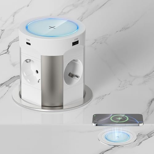 Enchufe empotrable con 2 USB-C 75W Total, 4 Tomas, Qi 15W, Ø100 mm | Regleta empotrable con 2 USB-A 45W+30W, apertura por presión, cable 1,8 m, cocina y encimera, blanco