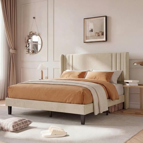 Lit Double 160x200 cm avec Sommier Inclus, Tête de Lit Capitonnée à Rayures, Cadre Robuste Bois et Métal, Revêtement Lin Matelassé Respirant, pour adultes et aux adolescents (Beige, 160x200cm)