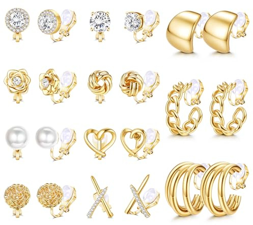 Roheafer 11 Paar Clip Ohrringe Damen Hypoallergen Ohrclips Ohne Ohrlöcher | 14K Vergoldet Ohrclips Ohne Ohrlöcher mit Chunky Creolen Strass Knoten Blume Perlen Statement Klipp Ohrringe Fake Ohrring Set