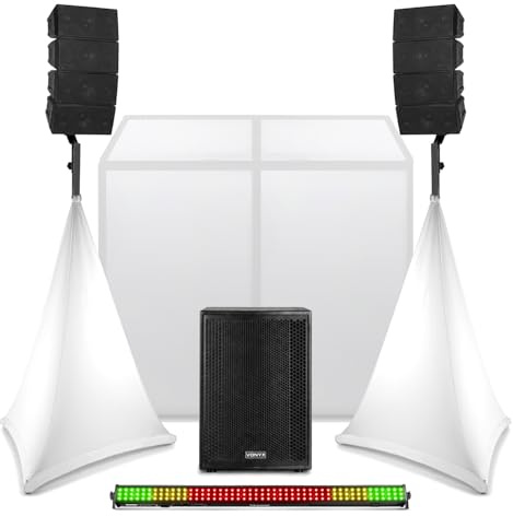 Vonyx VX915 2.1 Line Array PA System White DJ Package with DB3 Booth, LED Light Bar and Speaker Stand Scrims, 1400W Active DJ Speaker Package for Weddings and Events