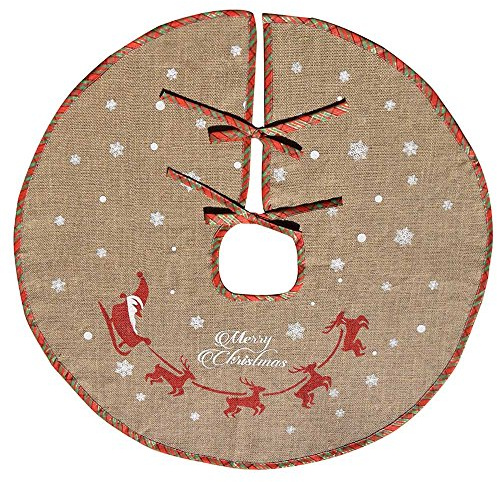 Tapis cache-pied de sapin de Noël Amajoy en toile de jute avec flocons de neige blancs - Décoration de fête, motif écossais rouge et vert, 30