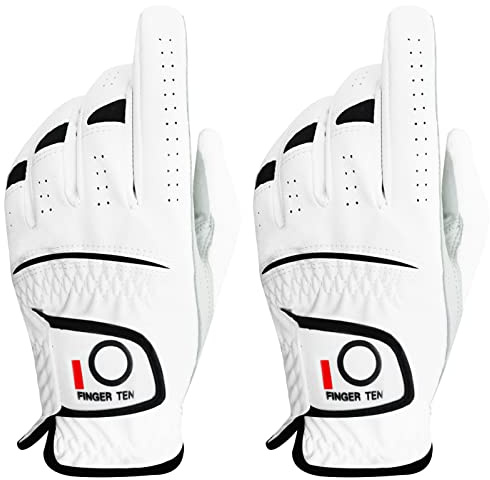 FINGER TEN Golfhandschuhe Herren Links Rechts Hand 2 Stück Golfhandschuh Wettersof Leder Griffig Weich Passform Handschuh für Golfer Männer (Links, L)