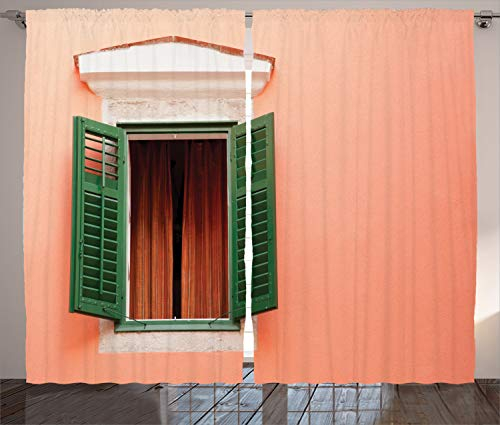 ABAKUHAUS Rustikal Rustikaler Gardine, Alte Retro Haus Fensterläden, Schlafzimmer Kräuselband Vorhang mit Schlaufen und Haken, 280 x 175 cm, Orange Grün Weiß