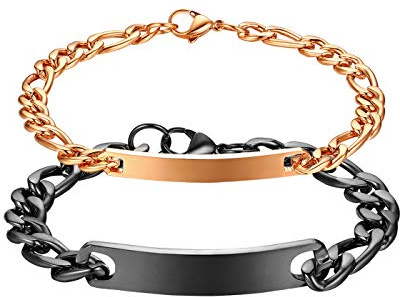 JewelryWe Schmuck Pärchen Armband mit Gravur, Edelstahl Poliert Figarokette Partnerarmband Freundschaftsarmband Paar Armkette Armreif für Herren Damen, Silber/Gold/Schwarz Rosegold