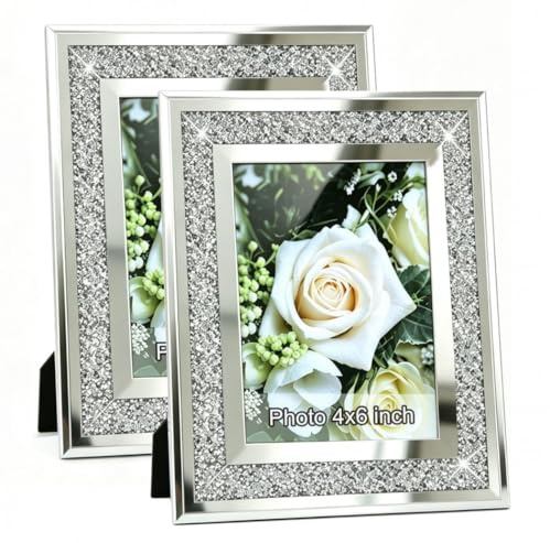 Crush Diamond Mirror Photo Frame In Bling Sparkle Crystal Silver Glass Finish, For Picture Size 4x6 inch, Pack of 2 Piece, table top Stand frame & Wall Frame.