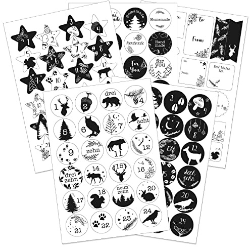 Papierdrachen Geschenkset Adventskalender Zahlenaufkleber Motiv Schwarz-Weiß mit extra Stickern für Geschenke - zum Basteln von Weihnachtskalendern und Geschenken