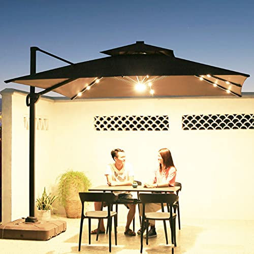 Parasol Colgante con Led Solar Sombrilla, Sombrilla Voladiza de Jardín Sombrilla con Manivela, Garden Parasol Excéntrico Banana para Jardín Terraza Piscina Balcón, Protección UV,Marrón,2.5m