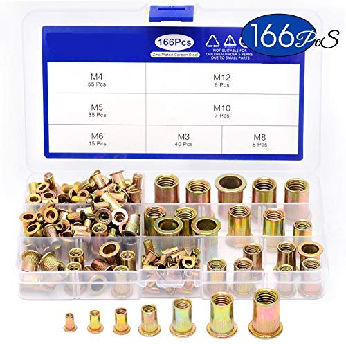 JUN-STORE SENMIAO-TH. 166pcs / Set Mixed Carbon Steel Nietmutter M3 M4 M5 M6 M8 M10 M12 Mutter verzinkt Flachkopf Gewindeeinsatz Nut Kit