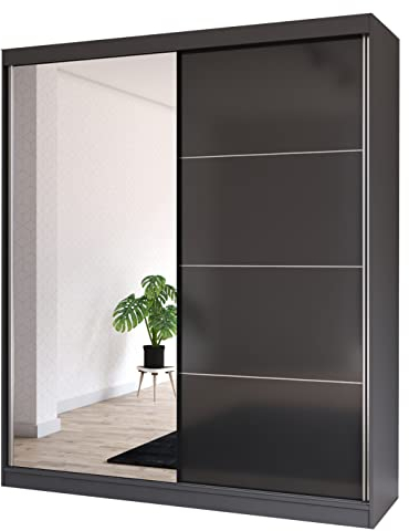 Fabryka Mebli Idźczak Kleiderschrank mit Spiegel, Schiebetüren - Schwebetürenschrank, Schlafzimmerschrank - ‎61 x 203 x 218 cm - Schrank für Schlafzimmer, Ankleidezimmer, Garderobe - Grau/Schwarz
