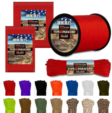 HERCULES Typ III Paracord 7 Stränge 550 Paracord Seil Fallschirmschnur 15 m/30 m/75 m/300 m für Heimwerker, Camping, Survival, Outdoor