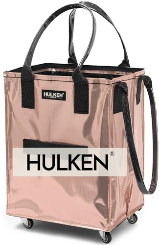 HULKEN - (Medium, rosagold) Wiederverwendbare Einkaufstasche auf Rädern. Der Einkaufswagen trägt bis zu 30kg. Klappbarer Einkaufstrolley mit robusten Griffen und Reißverschluss, ist flach und faltbar