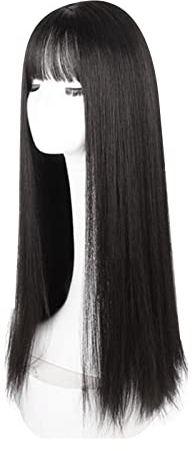 Perruques de Cheveux Longs Noirs Raides pour Femmes, Perruque Synthétique de Rechange pour Costume de Cosplay, Utilisation Quotidienne avec Frange, Résistante à la Chaleur, à la