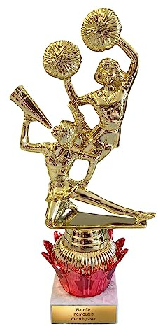 Cheerleading Pokale - Cheerleader Trophäe mit Wunschgravur - Rot Gold 23 cm | Individuelle Akrobatikaufführung Siegerpreise für Cheerleaderinnen mit Pompons, inklusive Gravurschild in Gold Silber Bronze