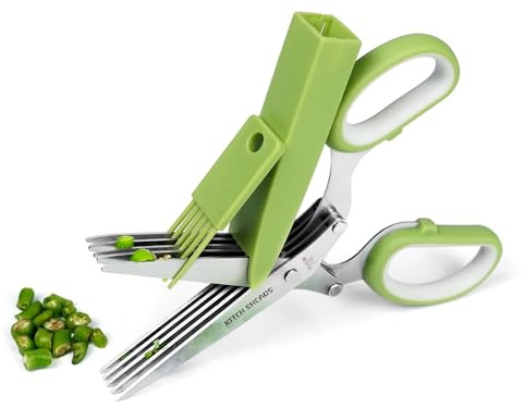 KitchShears Herb Scissors with 5 Blades and Cover - Premium Quality Stainless-Steel Herb Cutter for Kitchen & Garden Herbs - With safety Cover and Cleaning Comb - Dishwasher Safe & Easy to Clean