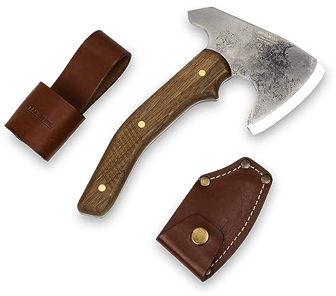 BPS Knives Hacha Bushcraft con Funda de Cuero - Hacha de Camping de Acero al Carbono con Mango de Una Pieza - Hachuela de Acero al Carbono - Pequeña Hacha para Tallar Madera