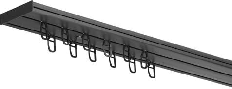 RENA Vorhangschiene 2-läufig Gardinenschiene aus Kunststoff Vorhang-Deckenschiene mit Überklipshaken Gardinenleiste Gardinenstange Gardinen Vorhänge für Deckenmontage Schwarz 200cm