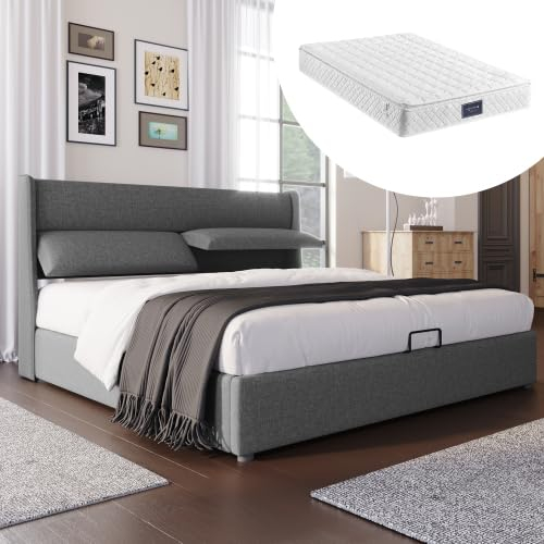 Doppelbett, gepolstertes Bett mit verstellbarem Kopfteil, Aufbewahrungsbett mit hydraulischem Lattenrost, geeignet für Erwachsene und Jugendliche (160 x 200 cm + Matratze)